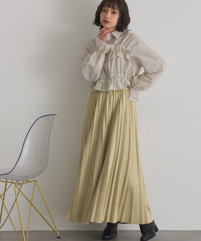日本 ELENCARE DUE - 俐落低調麂皮百褶長裙-象牙米