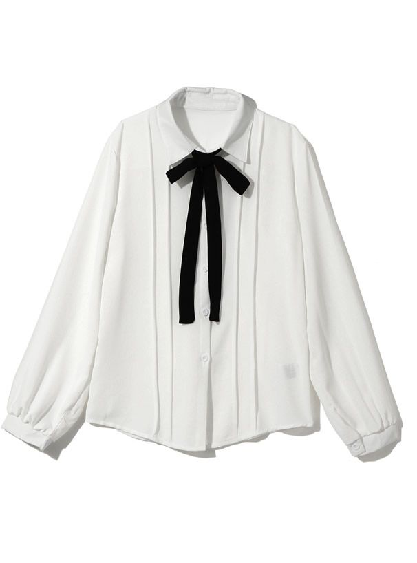 日本 GRL - 大黑蝴蝶結綁帶雪紡長袖襯衫-白
