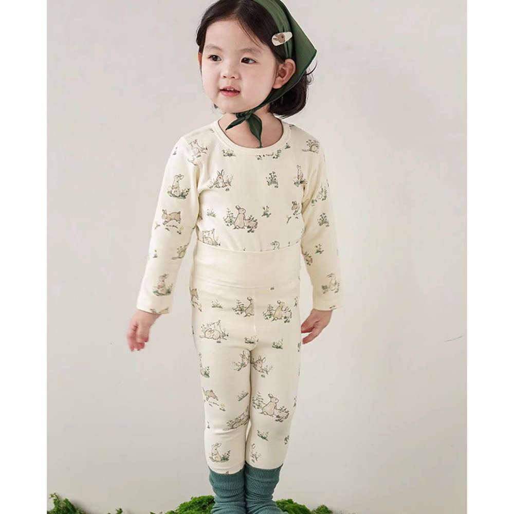 高彈舒適無骨縫制長袖家居服套裝-森林樹葉兔兔