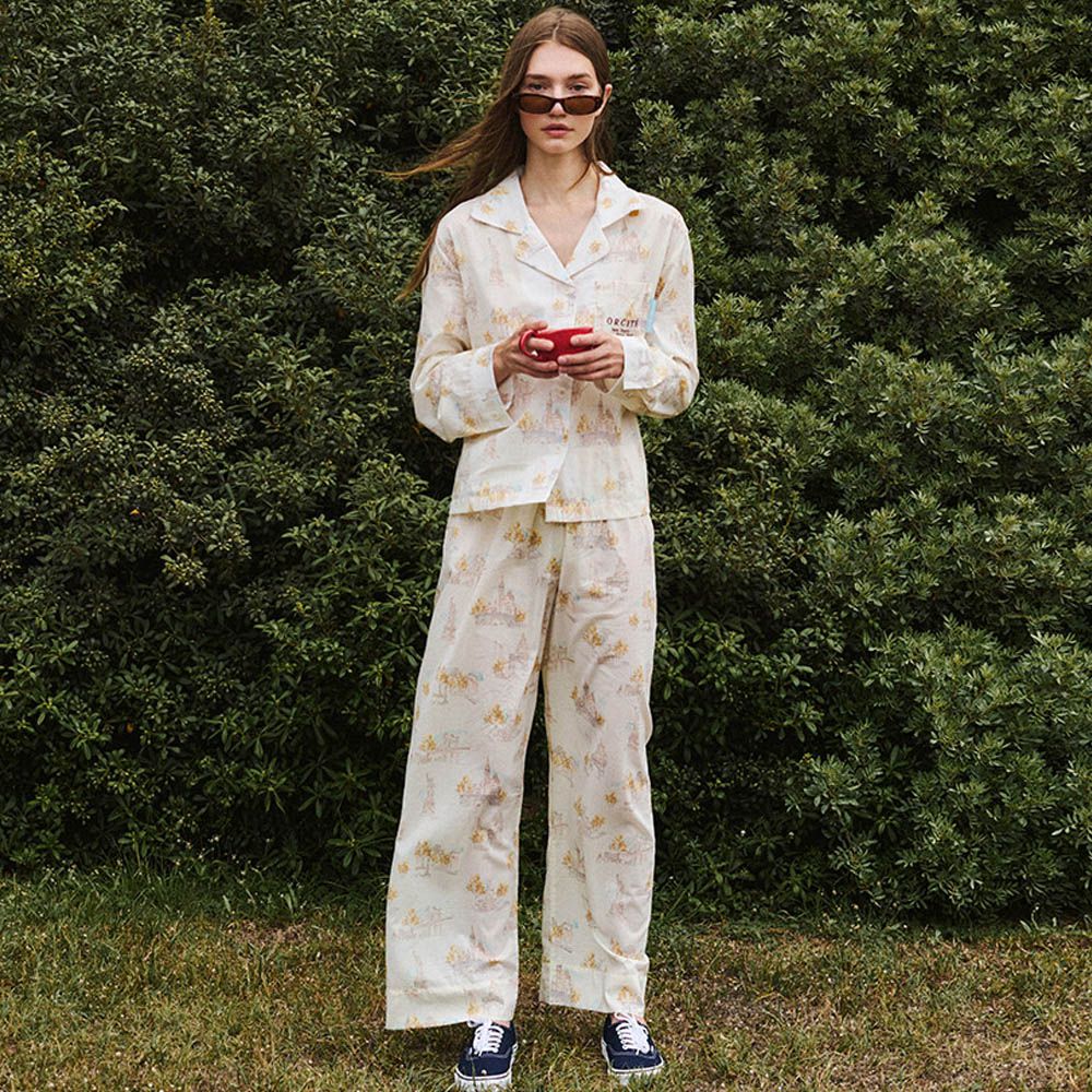 (媽媽)透氣輕柔棉翻領長袖睡衣套裝-紐約素描-米