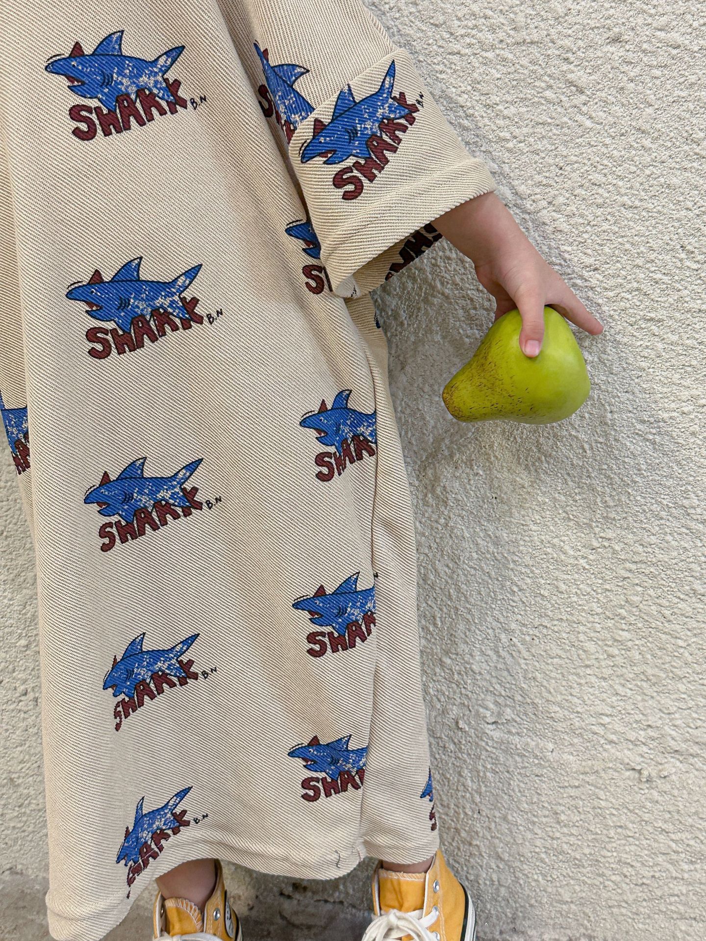 棉質圓領七分袖連身裙-鯊魚-卡其色