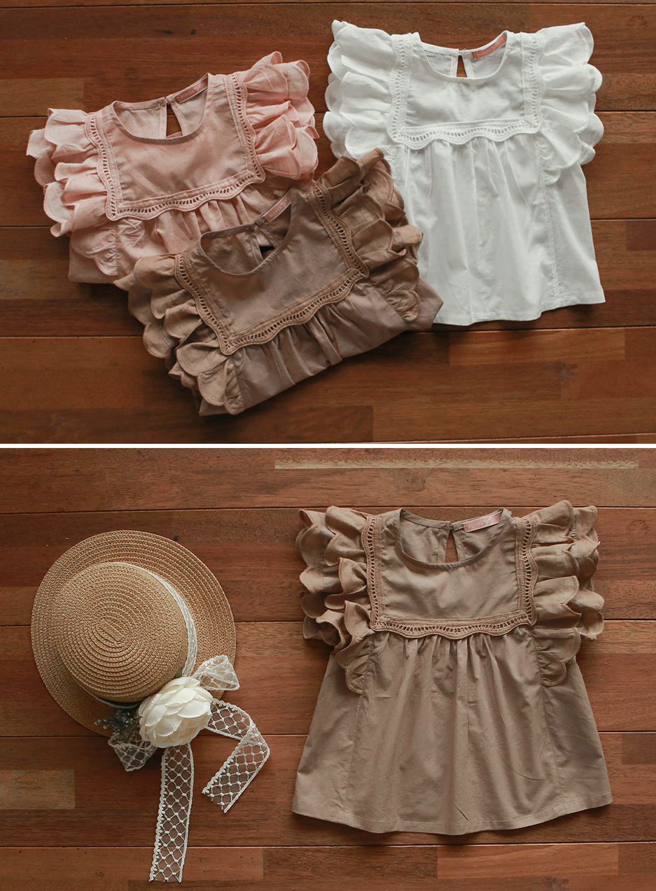 韓國 PuellaFLO - 蝴蝶狀荷葉袖上衣-摩卡