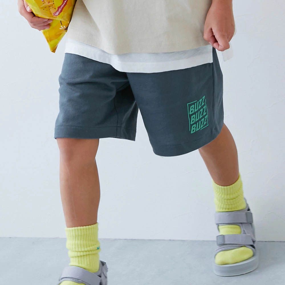夏日印花純棉寬版短褲-BUZZ-灰藍