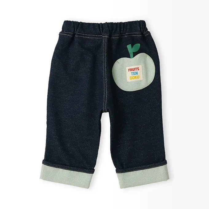 日本 ZOOLAND - 水果樂園 滿版印花摺邊七分褲-蘋果-海軍藍