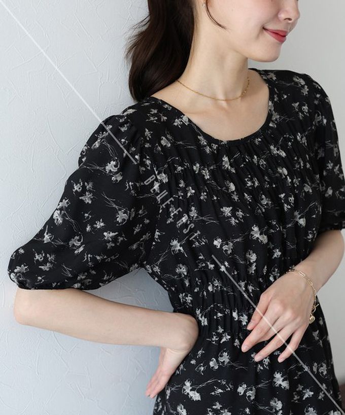 日本 BLUE EAST - 水墨感花卉束腰泡泡袖洋裝-棕綠 (M)