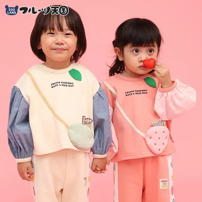 日本 ZOOLAND - 水果樂園 小包造型澎澎長袖上衣-草莓-粉紅