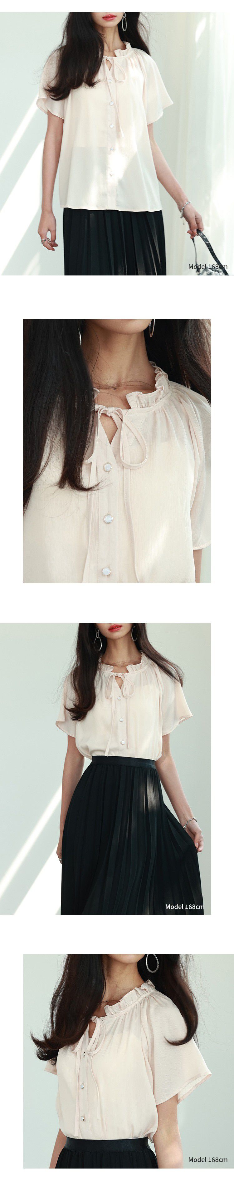 日本女裝代購 - 甜美綁帶木耳領短袖襯衫-白