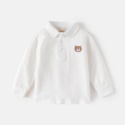 WELLKIDS - 棉質翻領長袖上衣-可愛小熊-白色