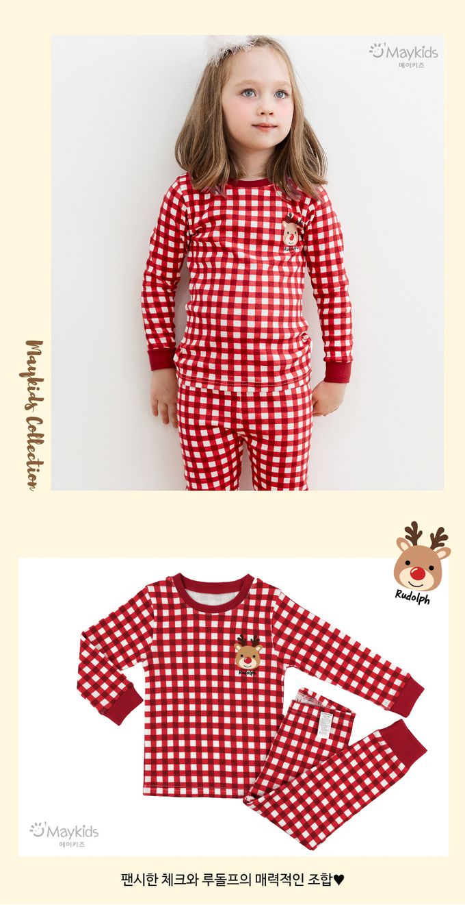 韓國 Maykids - 無螢光20支棉長袖家居服-馴鹿聖誕-紅格