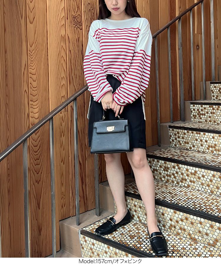 日本 Kobe Lettuce - 美型落肩橫條紋長袖上衣-綠x白