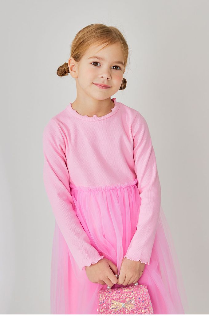 韓國 OZKIZ - 糖果色網紗拼接連身洋裝-粉