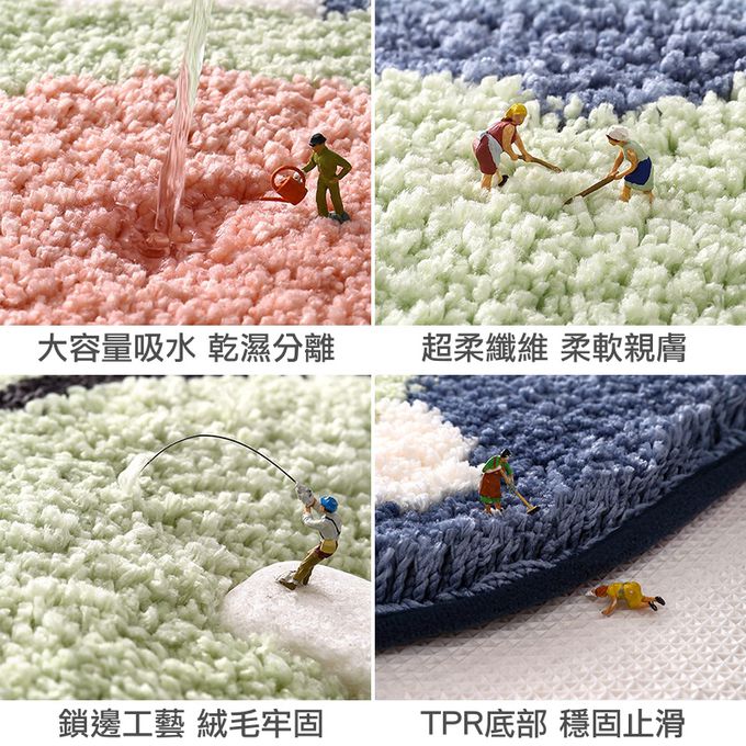 快速吸水植絨浴室腳踏墊-格紋青蛙-藍+白