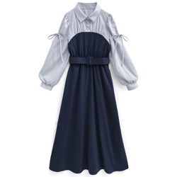 日本 GRL - 典雅拼接風側蝴蝶結長袖洋裝-(附腰帶)-海軍藍