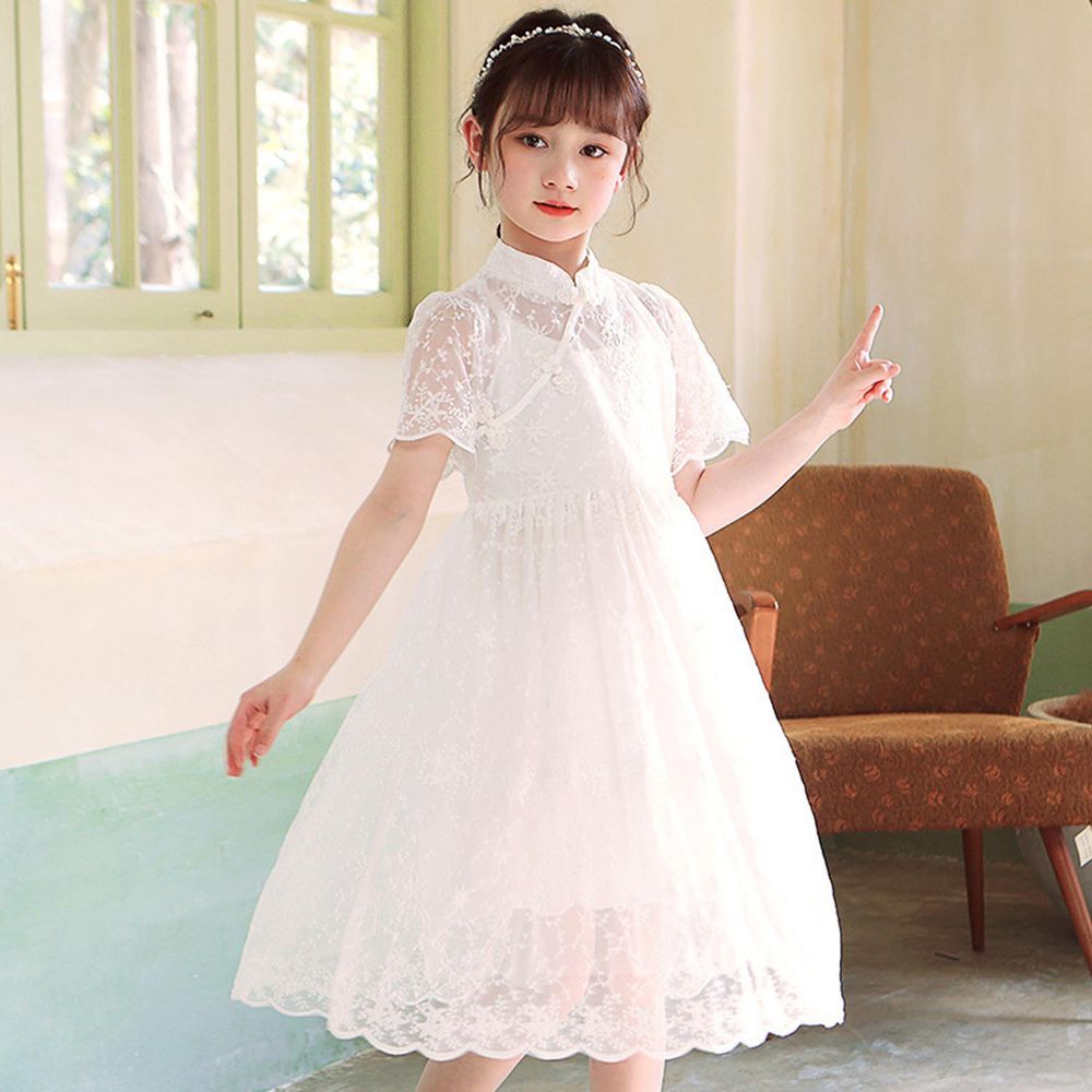 漢服風短袖蕾絲洋裝-旗袍立領-白色