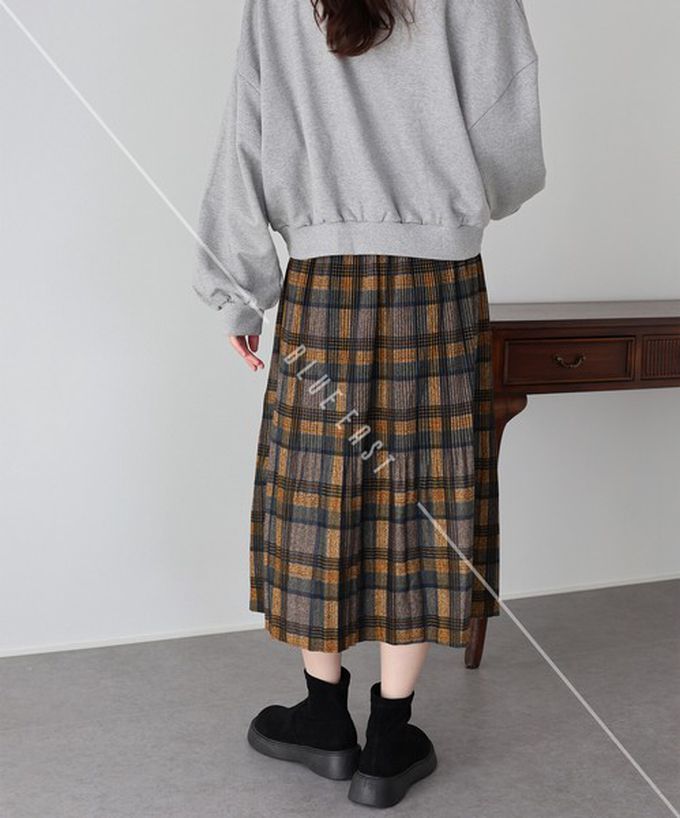 日本 BLUE EAST - 經典季節感格紋百褶長裙-咖啡系 (M)