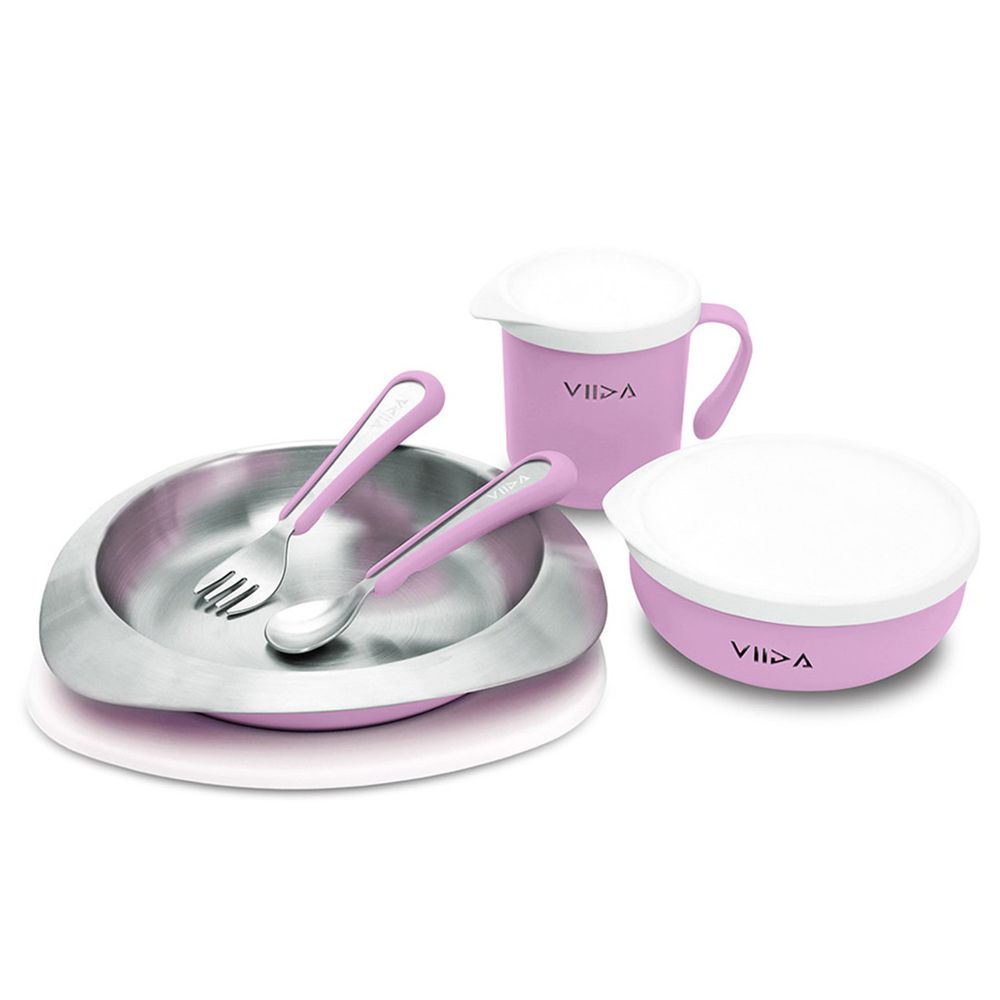 VIIDA - Soufflé抗菌不鏽鋼兒童餐具組-碗、盤、杯、叉子、湯匙-薰衣草紫