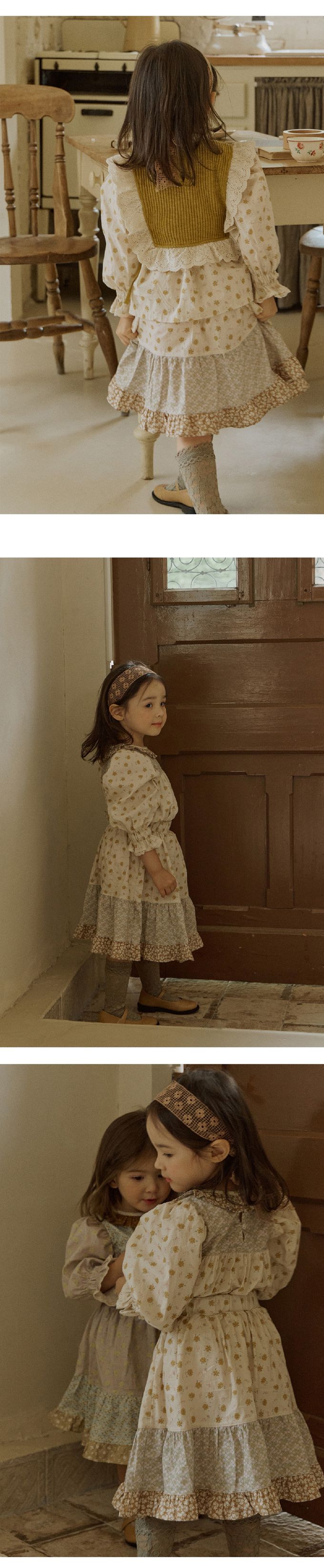 韓國 Puellaflo - 鬆緊腰花園拼布蛋糕裙-米杏