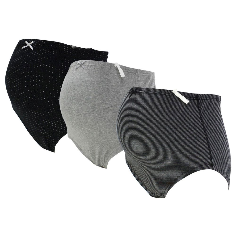 日本千趣會 - 純棉腰圍可調式產前孕婦內褲三件組-黑灰色系