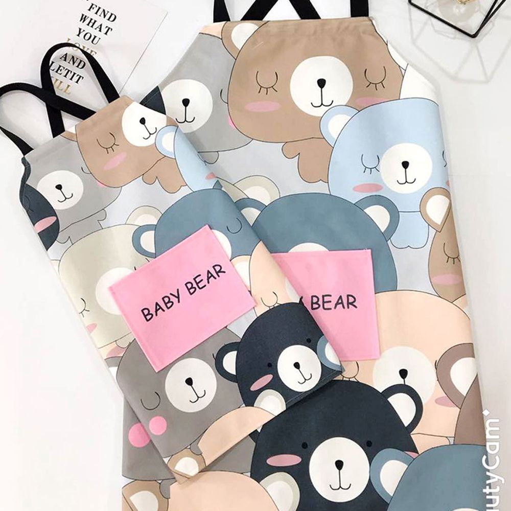 棉麻布藝防水親子圍裙-可愛熊熊-粉色