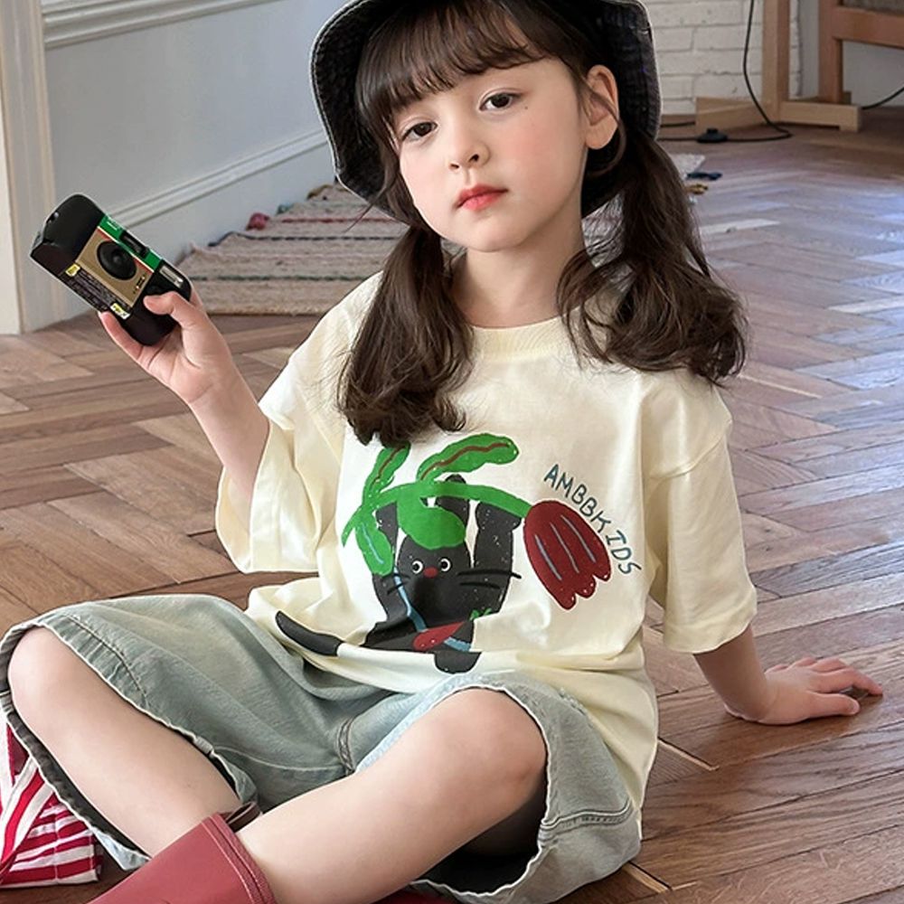 手繪風美式休閒純棉短袖上衣-米色