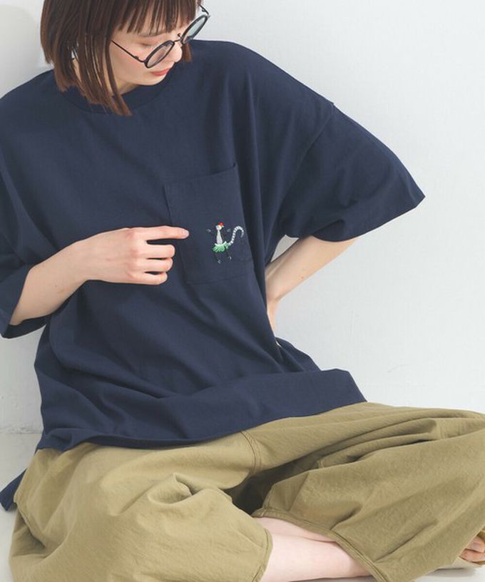 日本 Lupilien - 16支天竺棉俏皮動物刺繡寬大口袋T恤-粉紅