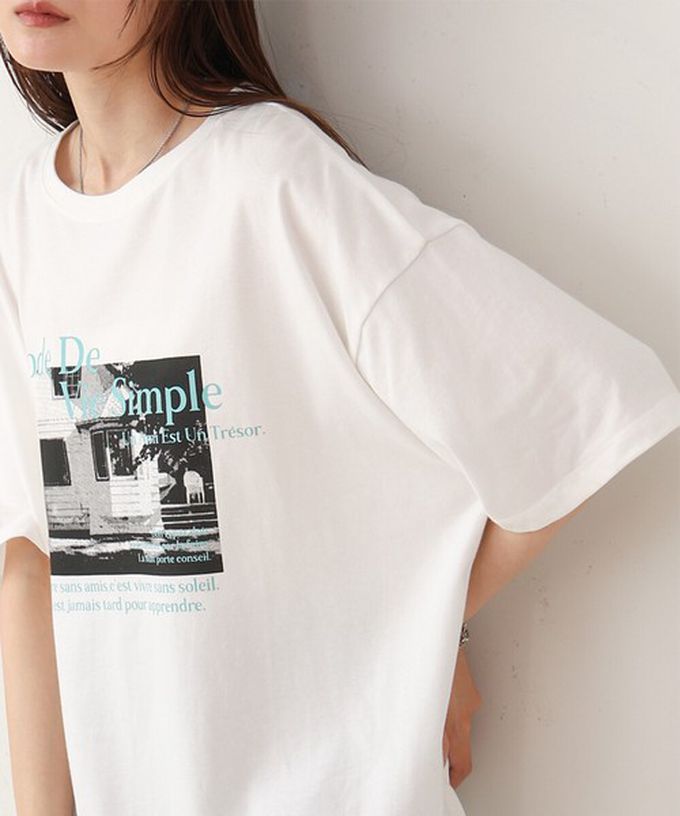 日本 Bab - 100%棉 極簡照片印花五分袖上衣-杏底綠字 (M)