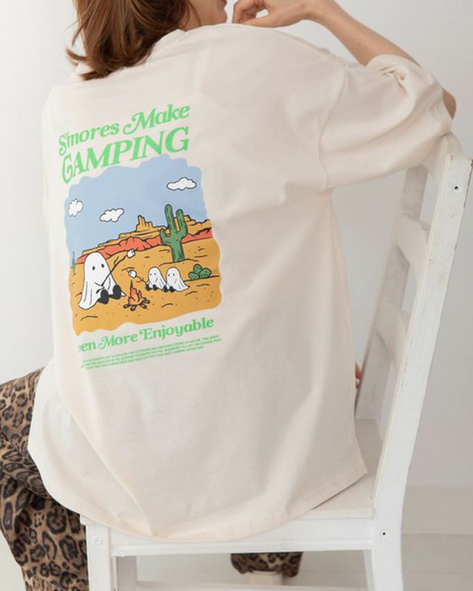 日本 gleam - 俏皮露營幽靈印花寬大風T恤-炭灰