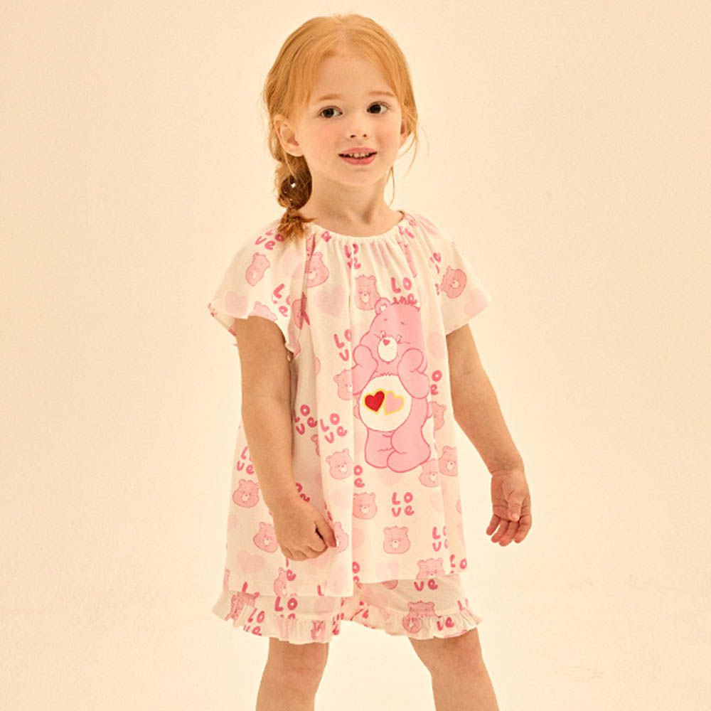 聯名款LOVE熊荷葉袖上衣X短褲套裝-心心粉熊-淡粉