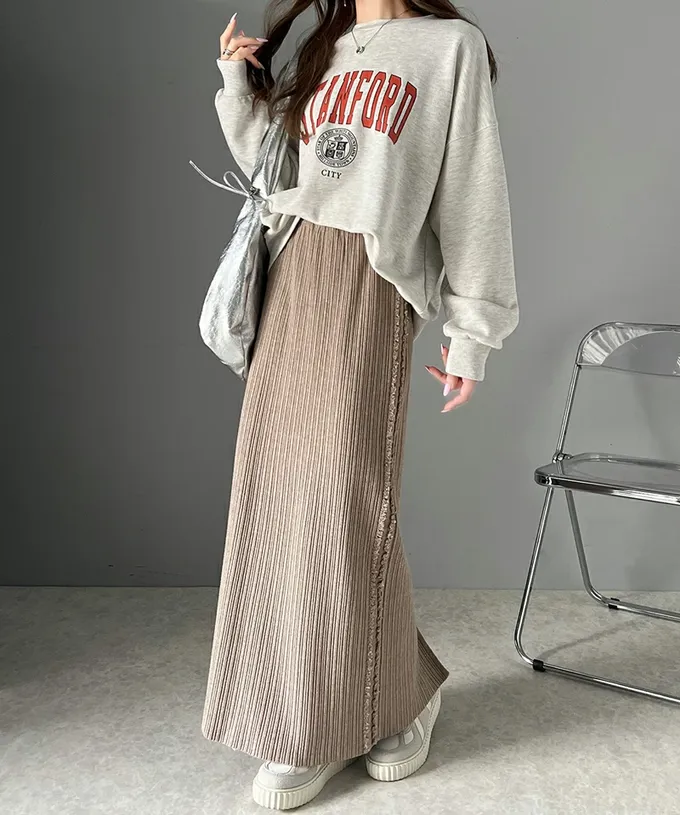 日本 Classical Elf - mily bilet 羅紋修身側流蘇針織長裙-象牙米