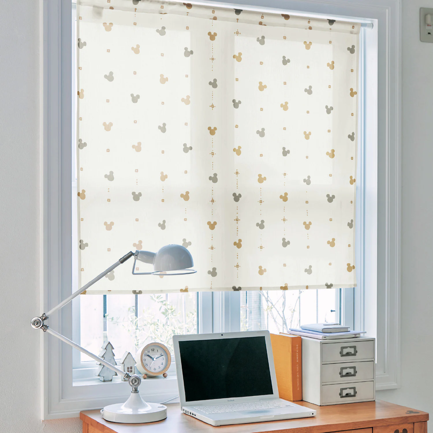 日本千趣會 - 迪士尼 遮光隔熱小窗簾-米奇點點-米灰色系