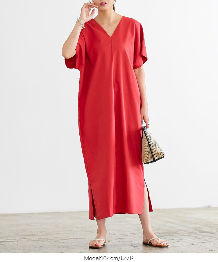 日本 Kobe Lettuce - 棉麻小V領超修身短袖洋裝-水藍