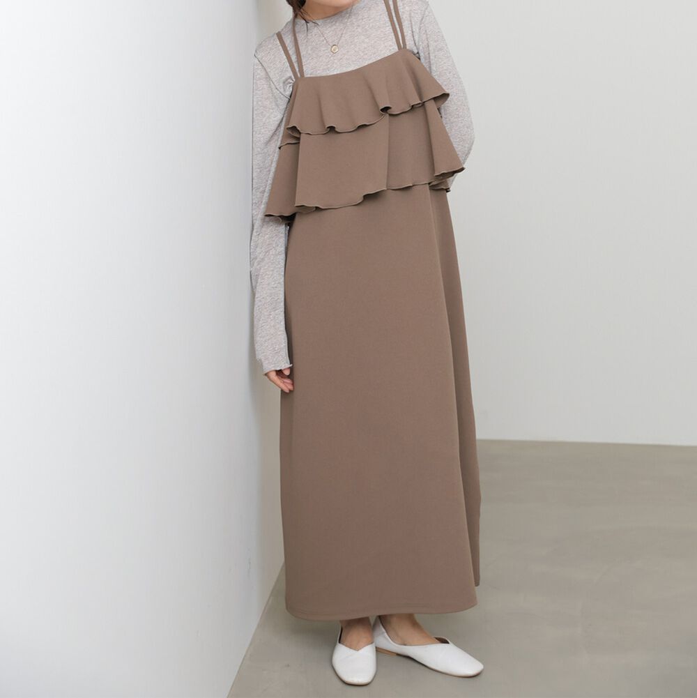 優雅綁帶層疊喬其紗細肩帶洋裝-摩卡