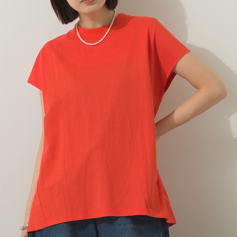 接觸涼感 圓弧百搭法式袖上衣-橘紅