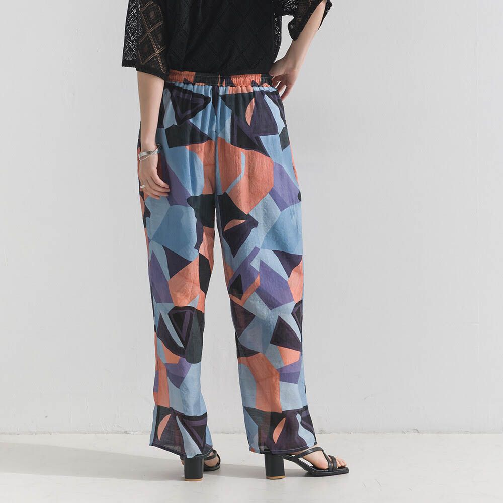 [人氣款]個性派印花輕盈寬褲-幾何-藍x橘