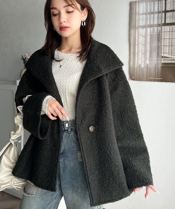 日本 Classical Elf - 玳帽扣時尚立領廓形毛絨大衣-炭灰