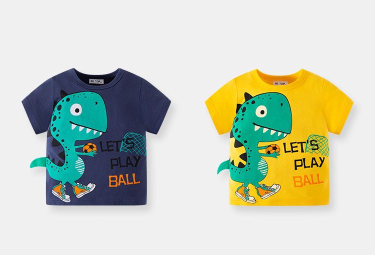 BE TOP - 純棉立體短袖上衣-恐龍踢足球-深藍色