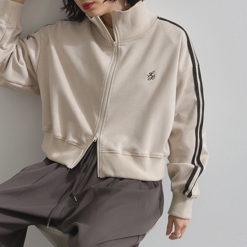 麂皮短絨休閒配色運動風夾克-象牙米