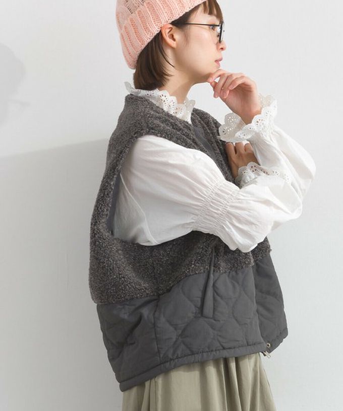 日本 Lupilien - 文青風異素材毛絨拼接保暖背心-炭灰