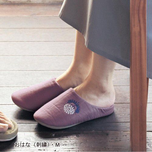 日本千趣會 - 北歐風 棉麻刺繡舒適室內拖-花-灰紫