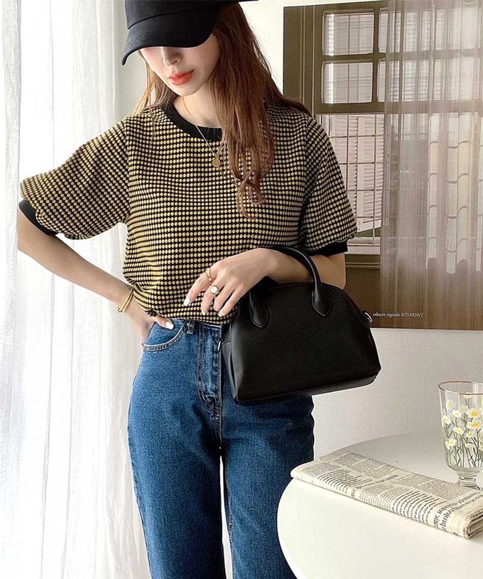 日本 Classical Elf - 緹花圓領彈性泡泡五分袖上衣-深藍