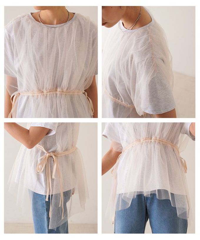 日本 Bab - 仙氣皺摺薄紗 腰綁帶短袖上衣-象牙黃