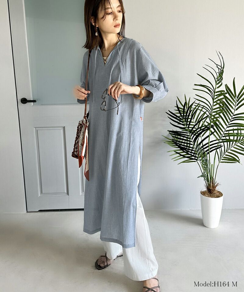 日本 Classical Elf - 透氣楊柳慵懶感開襟長袖洋裝-灰藍