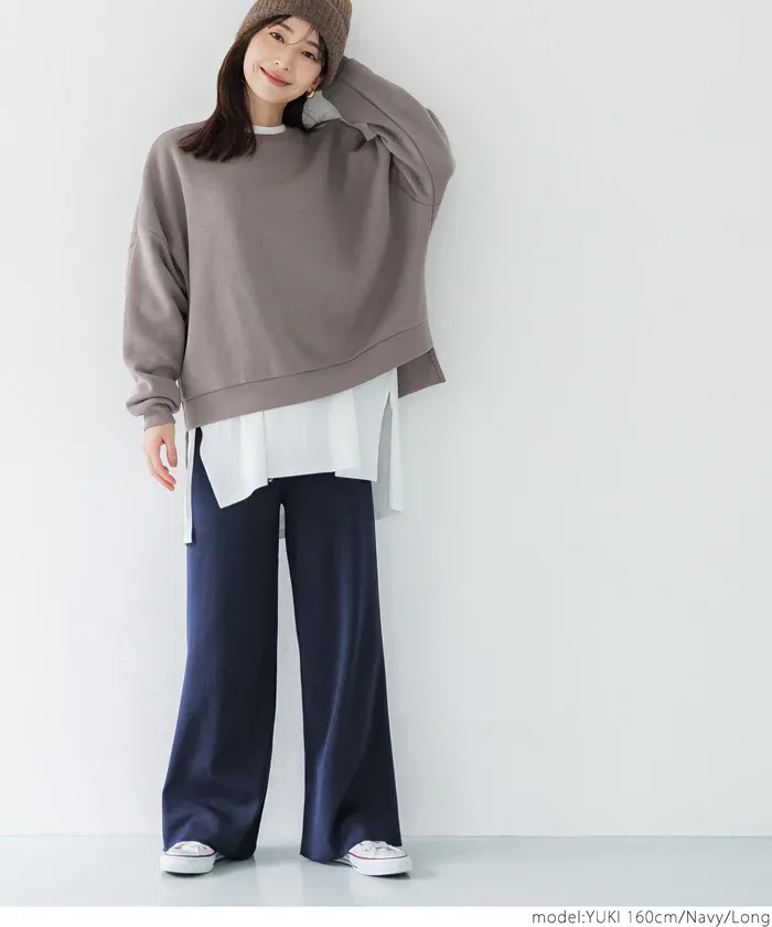 日本 COCA - 針織彈性垂墜美腳寬褲-深藍