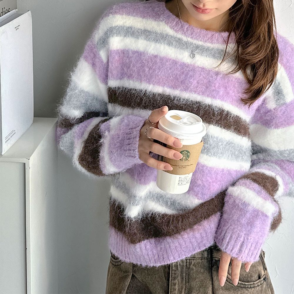 絢麗混色條紋毛海針織上衣-紫系