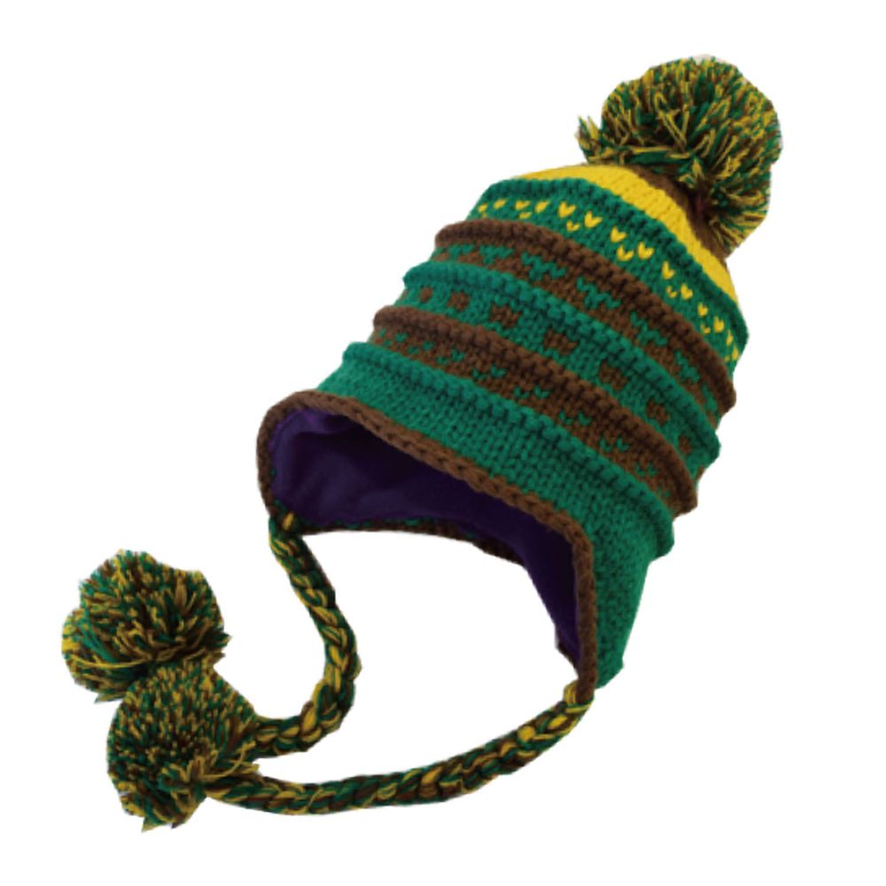 日本 GRIN BUDDY - 撞色立體針織雙垂毛球毛帽-綠-頭圍53cm