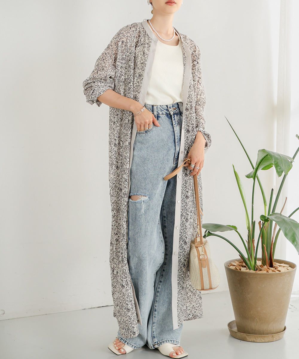 日本 Bab - 文藝浪漫碎花排扣洋裝-石英灰