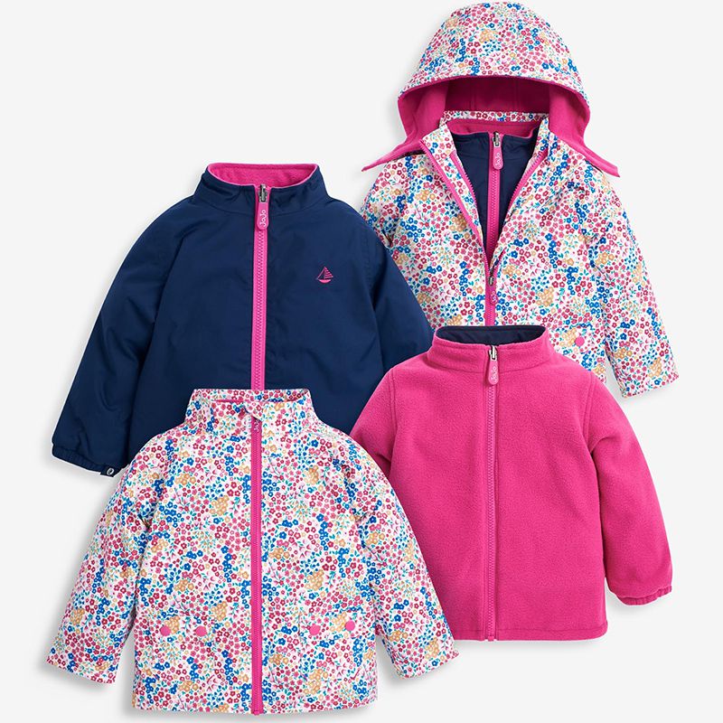 英國 JoJo Maman BeBe - 四合一多功能防水保暖連帽外套-粉紅櫻花草