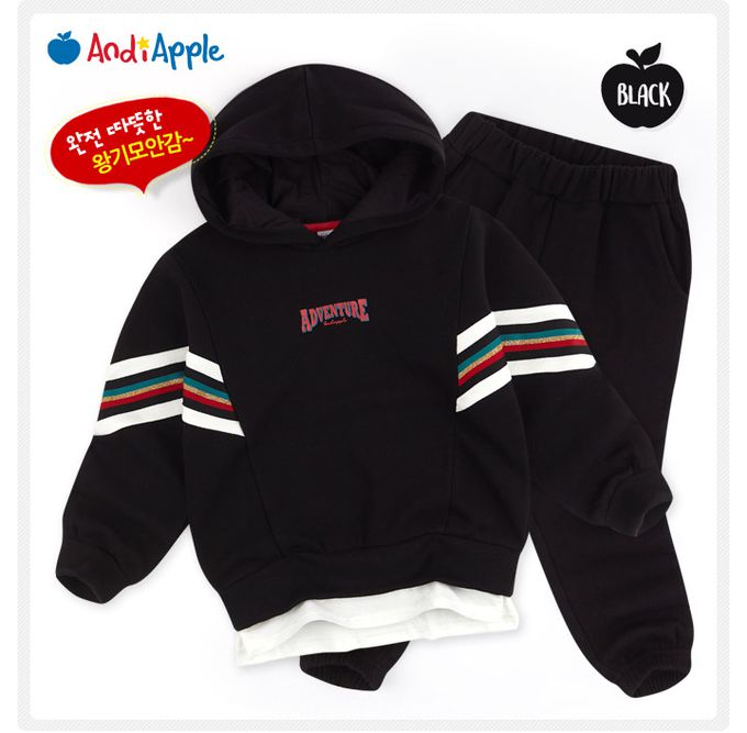 韓國 AndiApple - 冒險字印假兩件內刷毛連帽套裝-黑