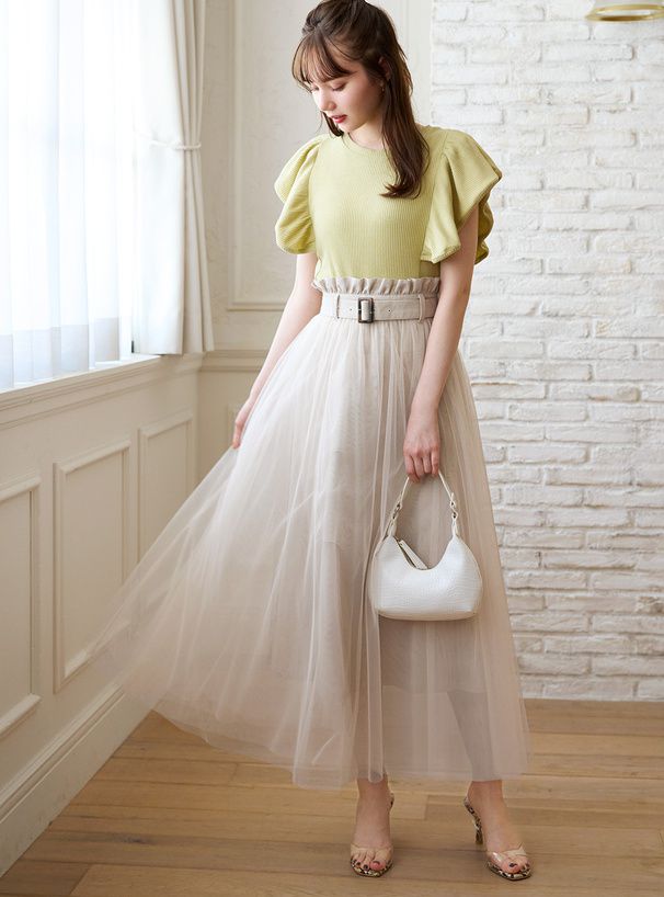 日本 GRL - 甜美夢境修身雙層紗裙(附腰帶)-質感杏