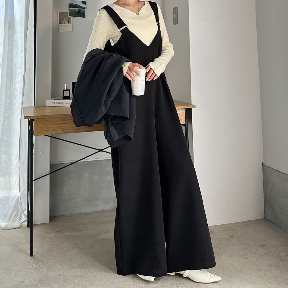 前後2way工裝風俐落廓形連身褲-黑